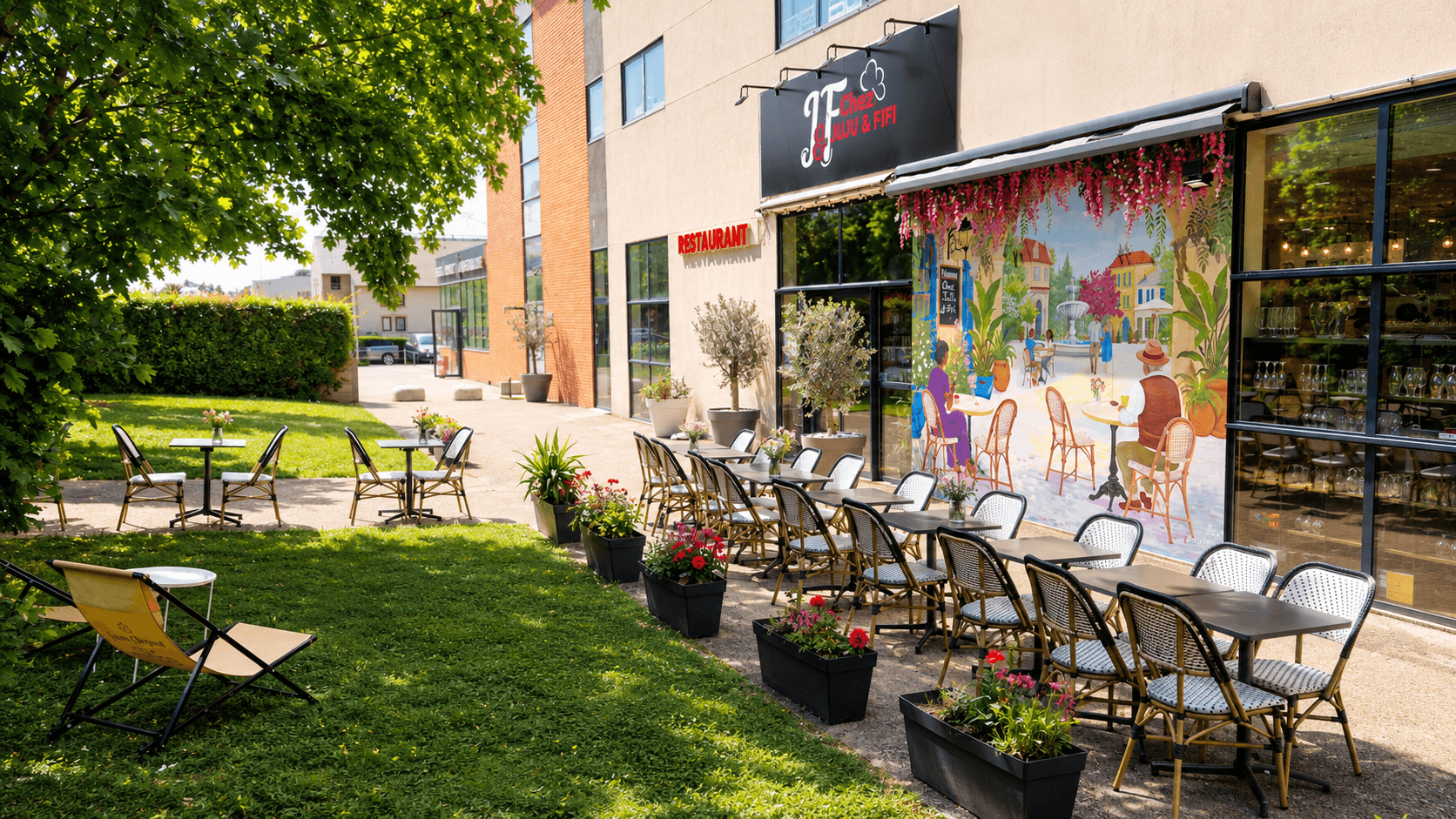 Terrasse arborée du restaurant Chez Juju & Fifi à Chelles